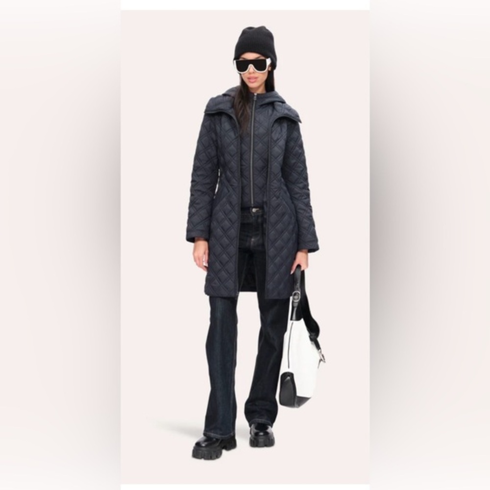 TAHARI Steel Gray Quilted Belted Coat S